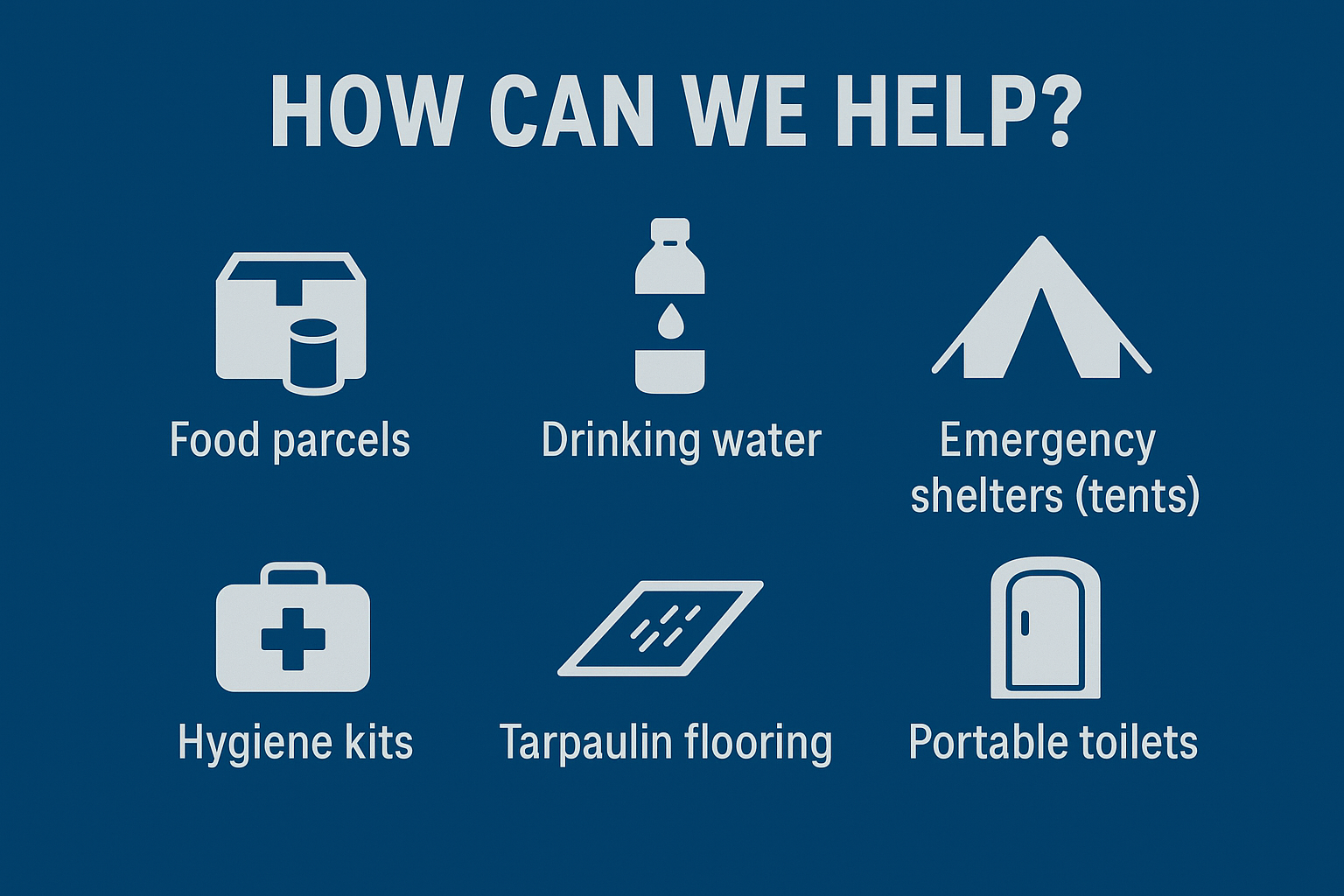 Infographic titled How Can We Help showing support with food parcels, drinking water, emergency shelters, hygiene kits, tarpaulin flooring, and portable toilets